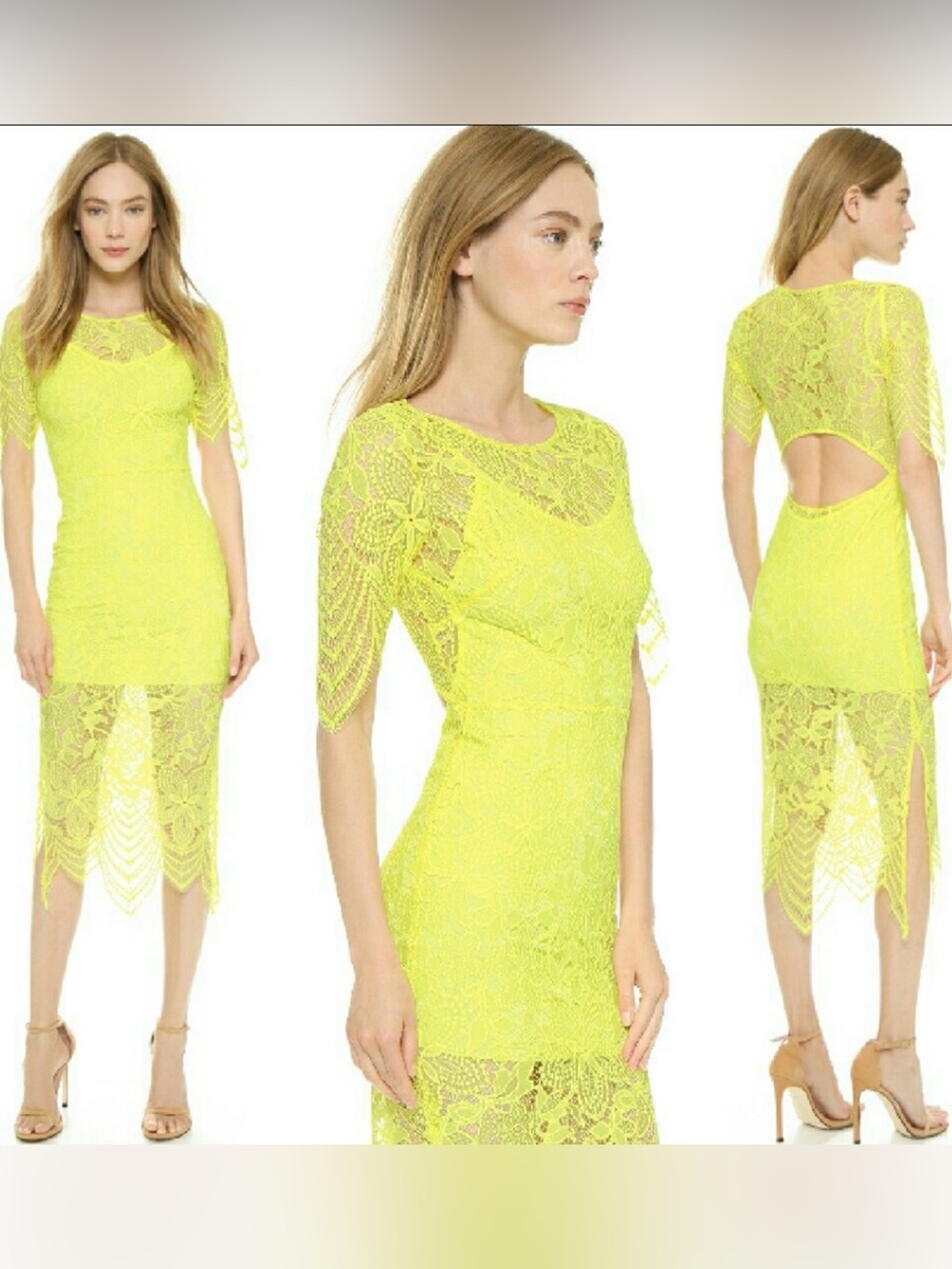 For Love & Lemons Neon Yellow Lace High-Low Midi Dress